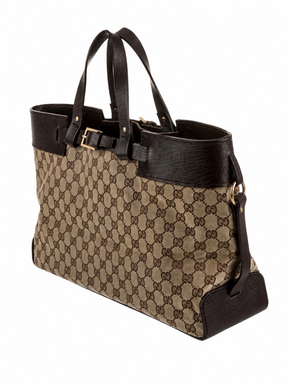 Gucci GG Canvas Leather Buckle Tote Bag Brown Monogram Large Shoulder Purse IT - Picture 2 of 16